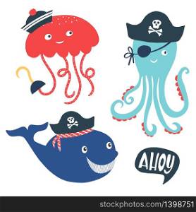 Vector illustration Little pirate lettering with cute jellyfish, octopus, whale in pirate&rsquo;s hat with scull and bones and hand hook. Kids logo emblem. Textile fabric print. Vector illustration Little pirate lettering with pirate s hat and bones. Kids logo emblem. Textile fabric print