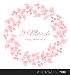 Vector illustration. March 8. International women day. Cherry blossoms. Pink flowers. Design template for greeting cards, banners, posters advertising. March 8. International women day. Cherry blossoms. Pink flowers. Design template for greeting cards, banners, posters, advertising.