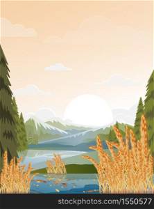 Vector illustration of a beautiful farm, golden wheat fields with lake and mountain background, Rural Autumn landscape with ripe wheat and reflection in river, Fall season in countreside