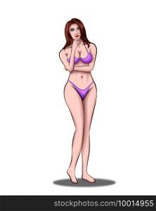 Vector illustration of a beautiful woman in good shape and sexy in bikini. She is standing and smiling and making thoughtful gestures.