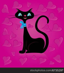 Vector illustration of a black cat on pink background with hearts