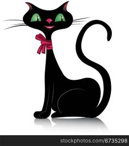 Vector illustration of a black cat with green eyes and pink lips