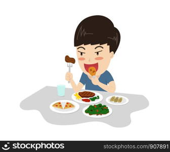 Vector illustration of a boy enjoy eating meal yummy on table - character cartoon