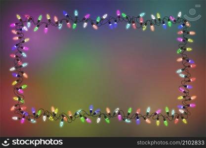 Vector illustration of a Christmas lights. Vector colorful light bulbs frame, object for decoration on new year festival, Christmas