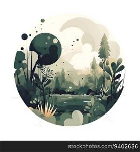 Vector illustration of a forest landscape with trees. grass and pond.