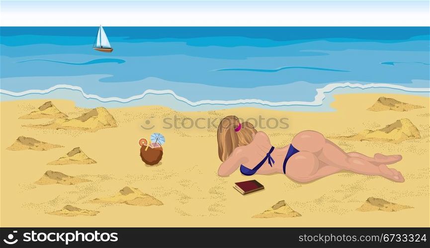Vector illustration of a girl in bikini on the beach with book and cocktail looking on the boat