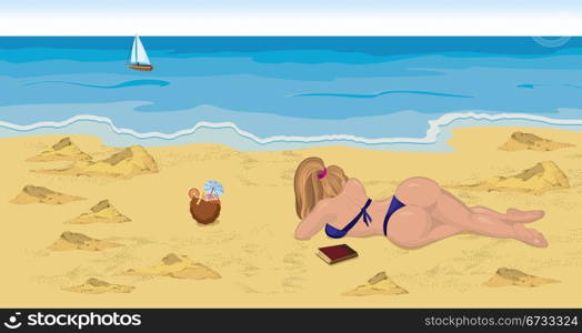 Vector illustration of a girl in bikini on the beach with book and cocktail looking on the boat