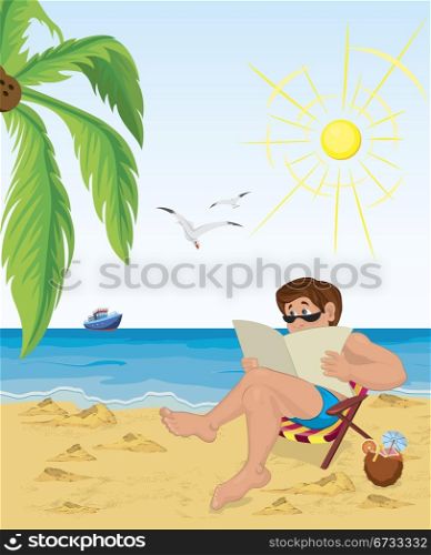 Vector illustration of a man sitting in the chair on the beach reading newspaper
