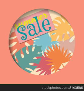vector illustration of a postcard in the style of paper clippings. summer sale lettering and leaf prints in a cut-out circle