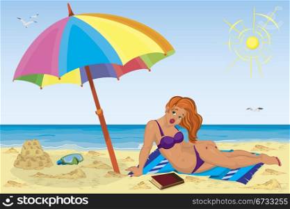 Vector illustration of a sexy girl on the beach under colorful umbrella