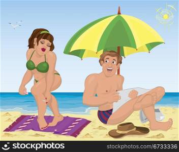 Vector illustration of a smiling man and a woman applying lotion