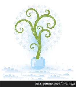 Vector illustration of a tree with snowflakes growing in crystal bowl