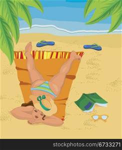 Vector illustration of a young woman napping on the beach under palm tree leaves