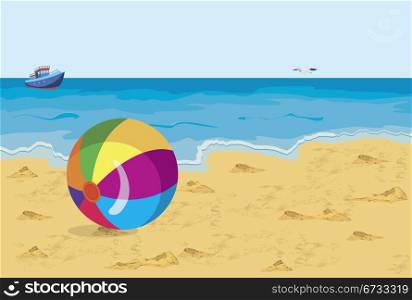 Vector illustration of big colorful ball on the beach seagull and ship