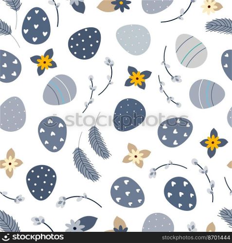 Vector illustration of blue seamless background of eggs and flowers and pussy willow on white surface. Background of pattern for Easter holiday