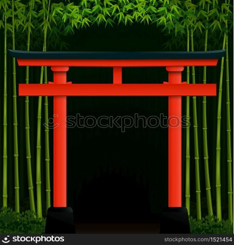 Vector illustration of Dark bamboo forest background with red japanese gate