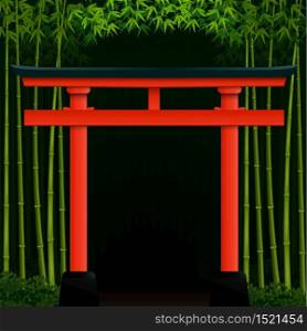 Vector illustration of Dark bamboo forest background with red japanese gate