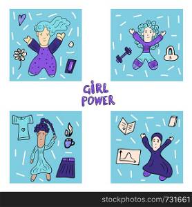 Vector illustration of girl power. Four square compositions in doodle style with different female characters.