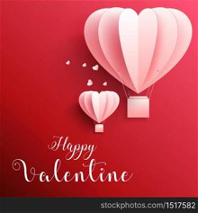 Vector illustration of Happy valentines day greetings card with realistic paper cut heart shape flying hot air balloon in red background