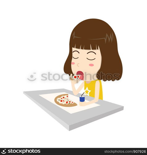 Vector illustration of happy young woman eating pizza on table isolated white background