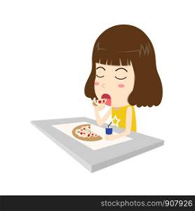 Vector illustration of happy young woman eating pizza on table isolated white background