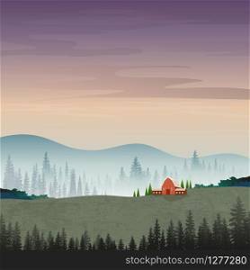 Vector illustration of mountain landscape with silhouettes of misty pine trees in forest with sunrise, Peaceful panoramic natural in minimalist style, Natural background concept