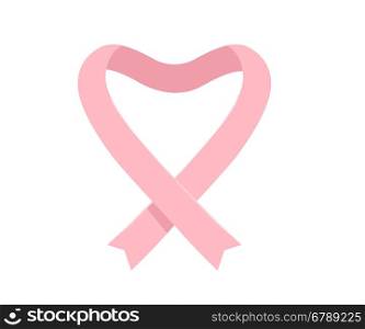 Vector illustration of pink ribbon in the form of heart, cancer awareness symbol isolated on white background. Flat style design for breast cancer awareness month poster, banner, web, site