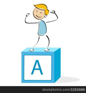 vector illustration of school boy standing on alphabet block against an isolated background