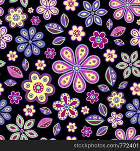 Vector illustration of seamless with colorful abstract flowers on black background.