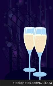 Vector illustration of two champagne glasses on night disco background