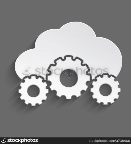 Vector illustration of white 3d cloud with cogs with realistic shadow&#xA;