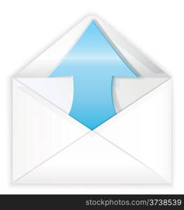 Vector illustration of white realistic envelope with blue shiny arrow coming out symbol&#xA;