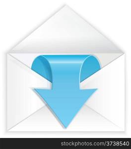 Vector illustration of white realistic envelope with blue shiny arrow coming symbol&#xA;