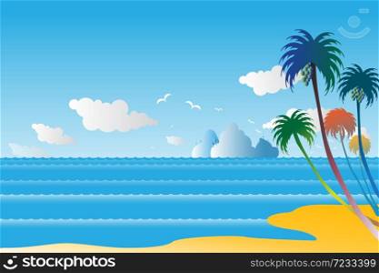 Vector illustration seascape background over sea with coconut and beach in water wave between archipelago, Blue color with sand and the bird flying in sky cloud background at summer time.