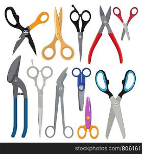 Vector illustrations of different types of scissors. Tools object for cut hair. Vector illustrations of different types of scissors