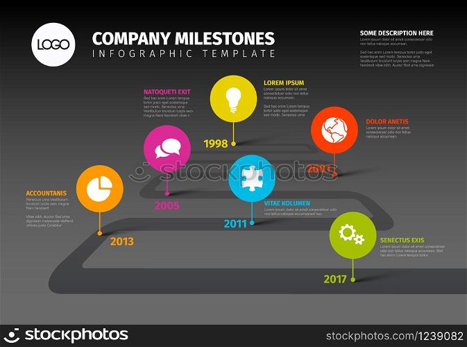Vector Infographic Company Milestones Timeline Template with pointers on a road line - dark version. Vector multipurpose Infographic template