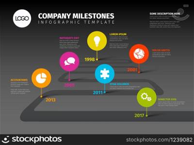 Vector Infographic Company Milestones Timeline Template with pointers on a road line - dark version. Vector multipurpose Infographic template