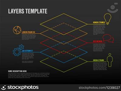 Vector Infographic layers template with five levels for material structure - dark version. Vector Infographic layers template