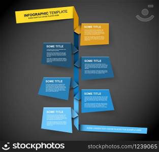 Vector Infographic timeline report template made from small blue and yellow papers, dark version