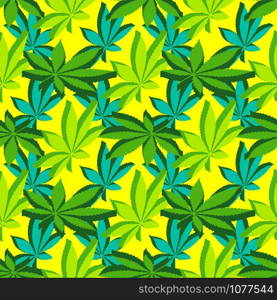 vector isometric design various colors cannabis marijuana leaves silhouettes decoration seamless pattern yellow green background. isometric marijuana leafs seamless pattern