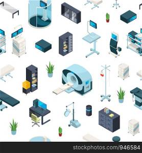 Vector isometric hospital icons pattern or background illustration. Illustration of x-ray and mri device 3d. Vector isometric hospital icons pattern or background illustration