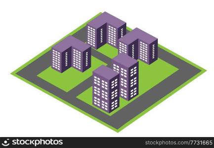 Vector isometric multicolor urban architecture block building of the modern city with a street townhouse apartment residential skyscraper of technology business equipment style urban isometric illustration.. Vector isometric urban architecture block building of the modern city