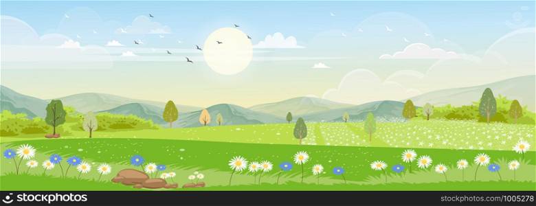Vector landscape of Spring field with farmhouse, wild flowers and family bee flying, Panorama view in the summer with honey bee collecting pollen on flowers with morning sunlight,