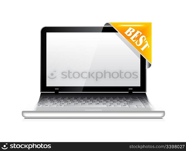 Vector laptop with sticker (corner ribbon) on white