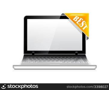 Vector laptop with sticker (corner ribbon) on white