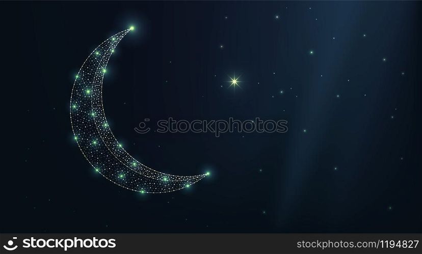 Vector luxury turkey moon and star on a night sky. Abstract low polygonal wireframe particles dark background. Design art for holiday muslim islamic and arabic ramadan kurban bayram illustration
