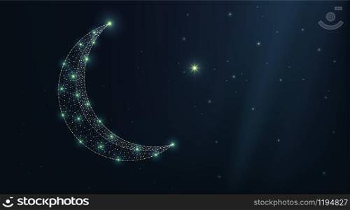 Vector luxury turkey moon and star on a night sky. Abstract low polygonal wireframe particles dark background. Design art for holiday muslim islamic and arabic ramadan kurban bayram illustration