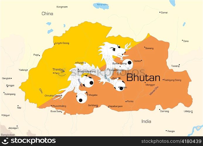 Vector map of Bhutan country colored by national flag