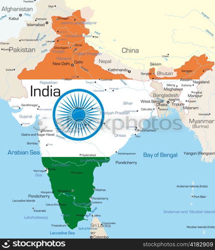 Vector map of India country colored by national flag