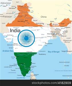 Vector map of India country colored by national flag